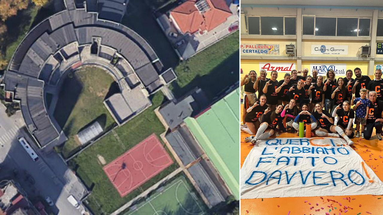 ll complesso delle Martin Luther King con la scuola e l’annessa palestra, a destra la festa del volley Bottegone per la promozione in serie C