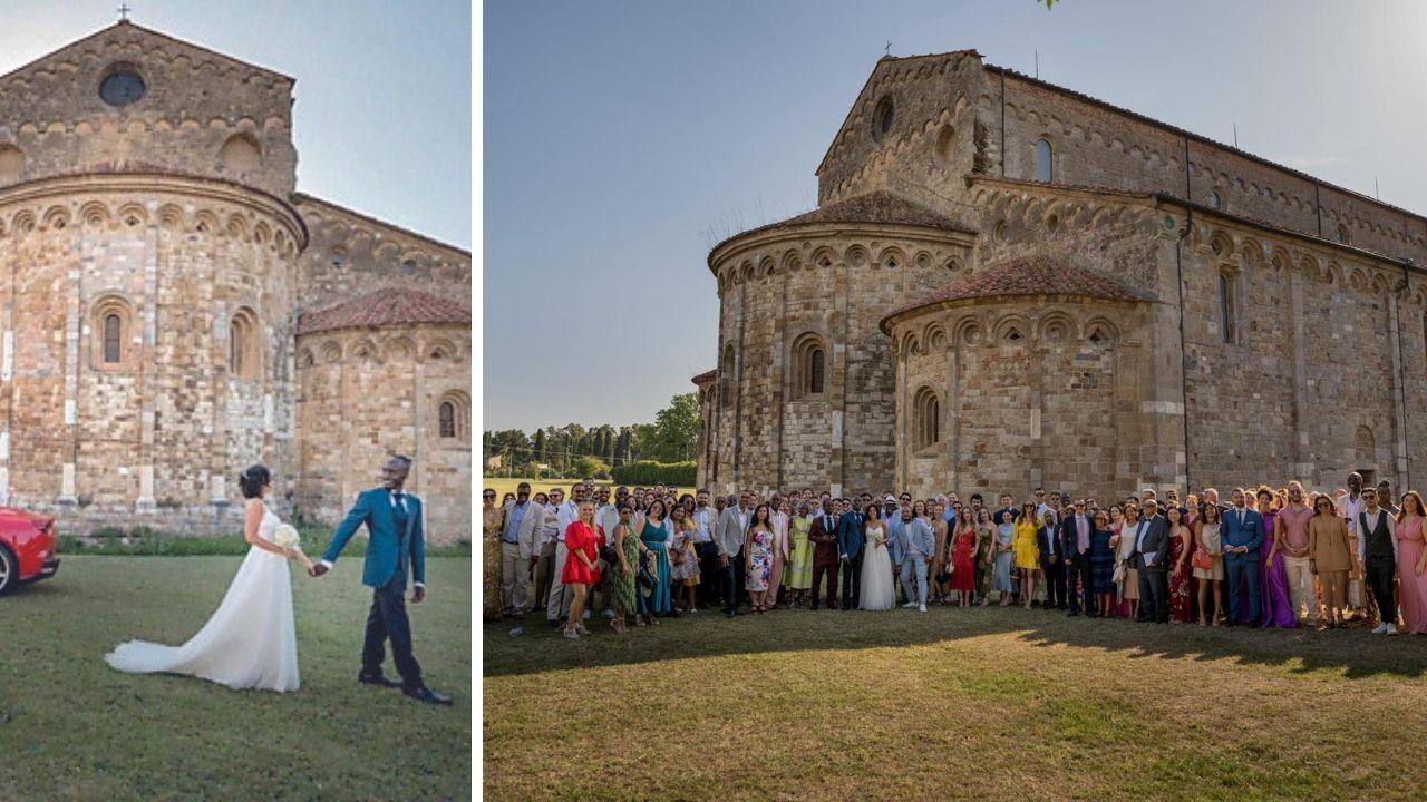 
	I neo sposi&nbsp;e alcuni degli invitati in una foto di gruppo durante l'evento

