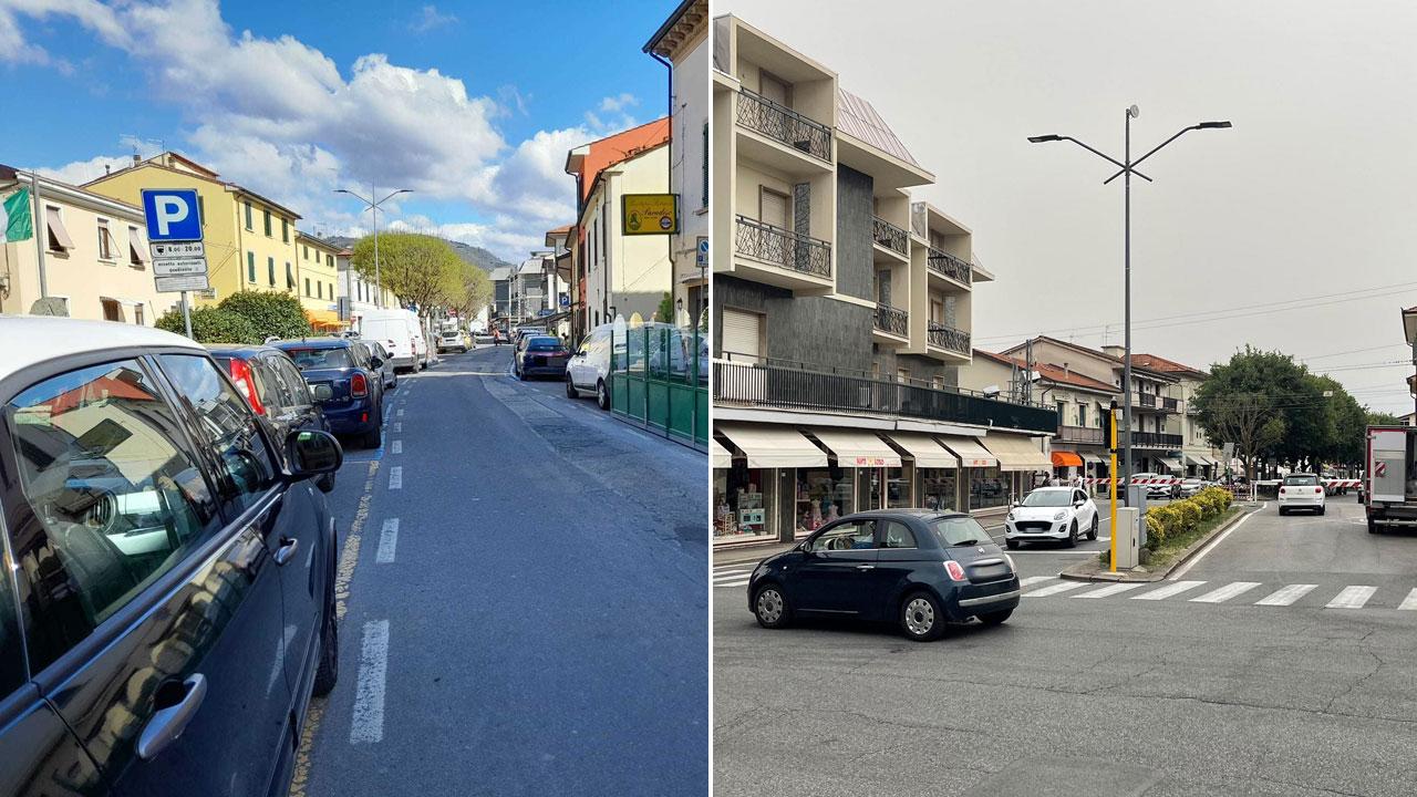 Nella foto a sinistra un’immagine di via Tripoli, a destra l’incrocio su corso Matteotti subito dopo il passaggio a livello di via Tripoli (foto Nucci/Innocenti)