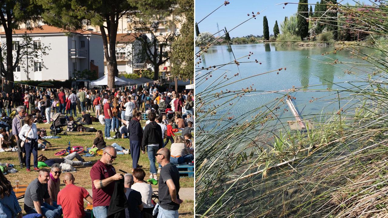 A sinistra il Carciofo pride ai giardini di Tufaia. A destra un cartello gettato nel laghetto