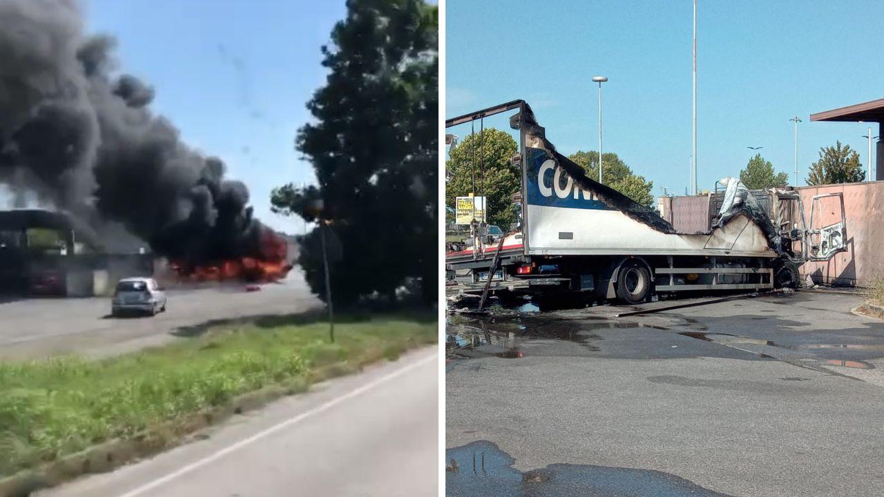 L'incendio e il mezzo distrutto