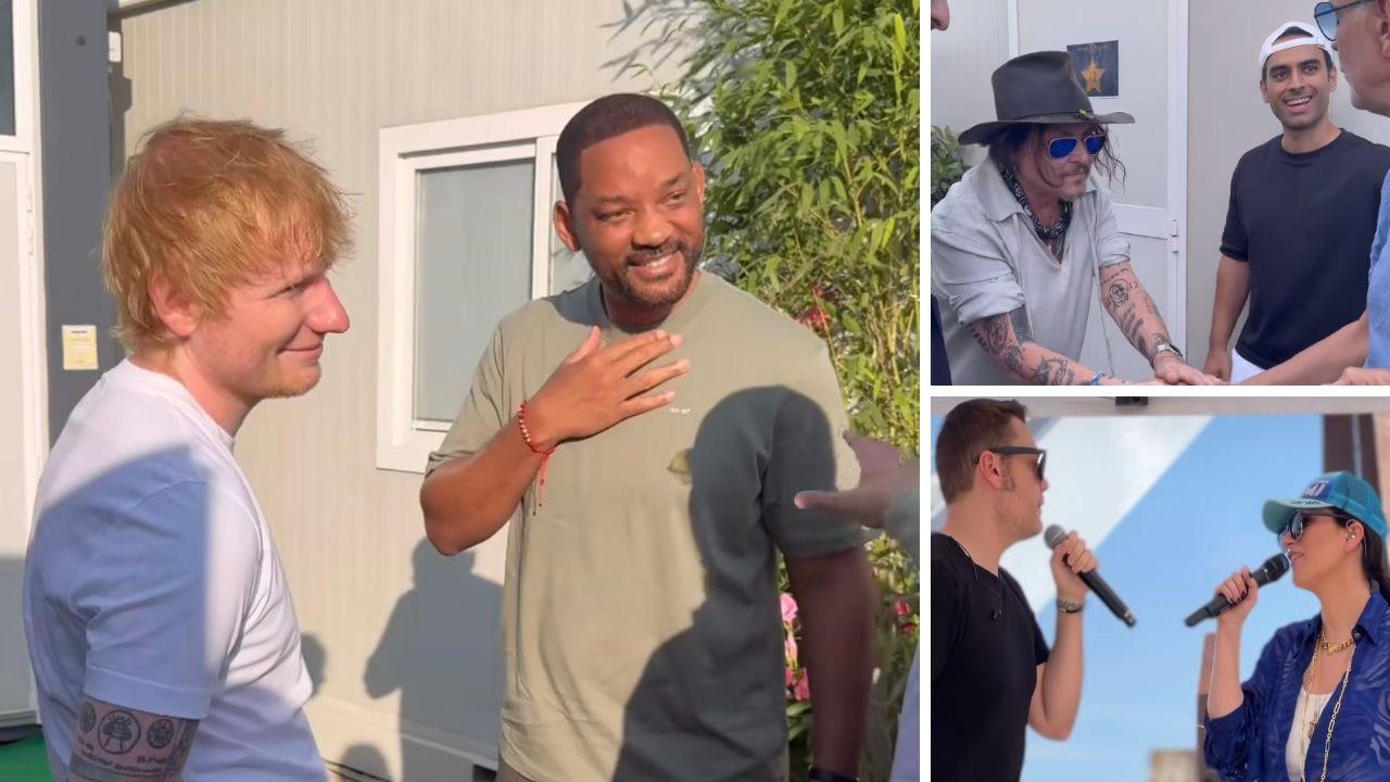 Ed Sheeran e Will Smith al Teatro del Silenzio, in alto Johnny Depp e sotto Pausini-Ferro