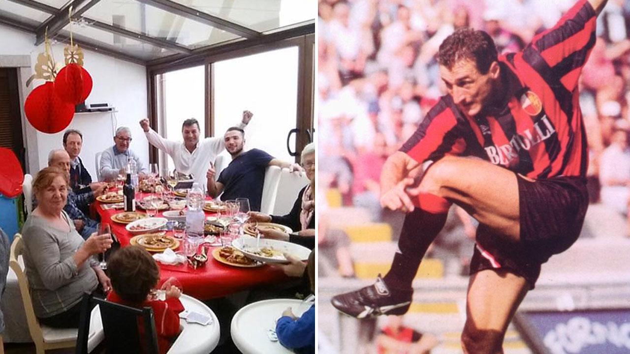 Nella a sinistra piccola Roberto Paci braccia al cielo come ai tempi in cui segnava gol a grappoli nel suo ristorante in Sardegna e accanto il bomber rossonero