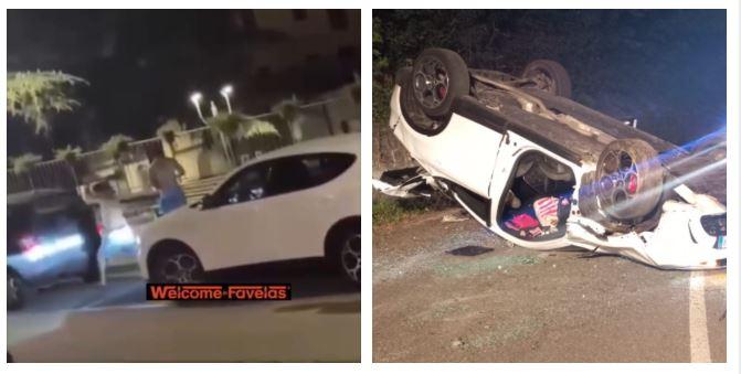 
	A sinistra un frame del video, accanto l'auto finita fuori strada

