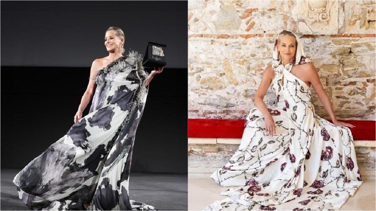 Sharon Stone con i due abiti Antonio Marras (foto Instagram)