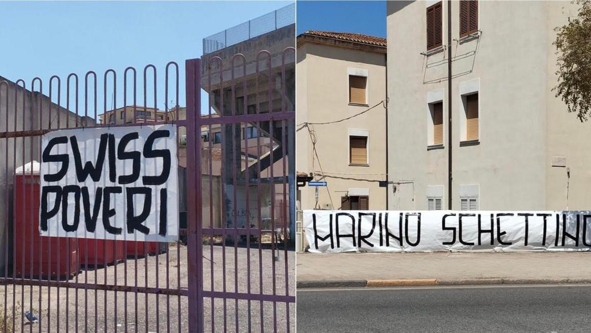 Gli striscioni dei tifosi dell'Olbia 