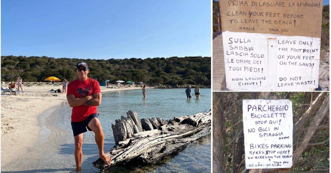 
	Francesco Vittiello sulla spiaggia del Relitto e alcuni cartelli&nbsp;

