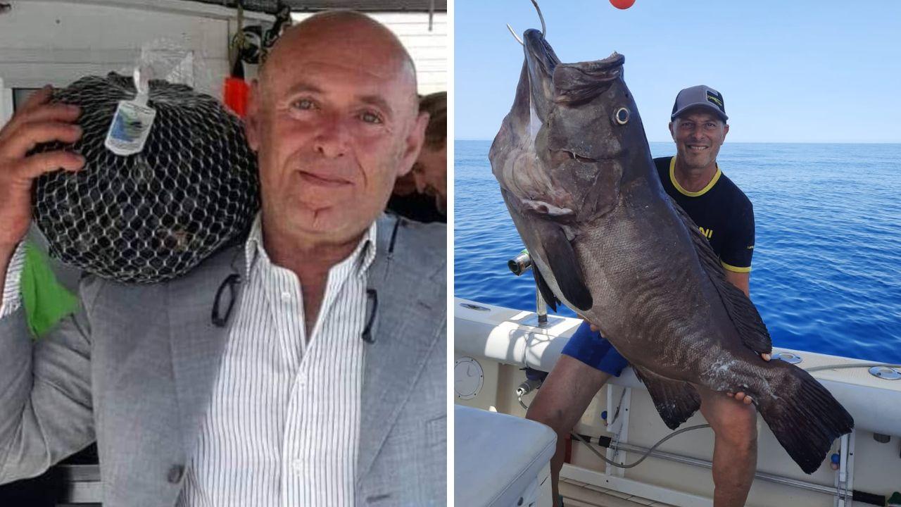 Paolo Del Lama, presidente della coop Venere di Piombino con le cozze del suo allevamento e il pescatore professionista Marco Volpi con una cernia