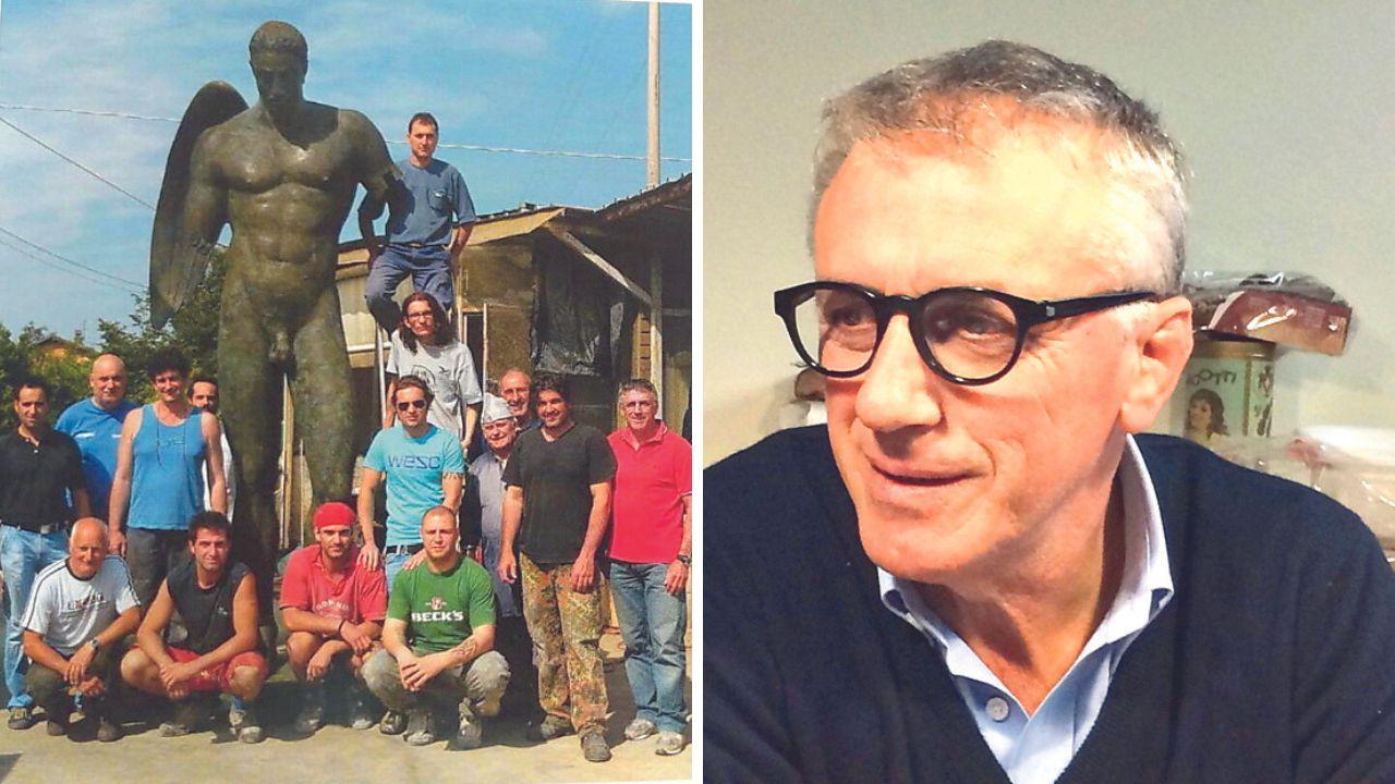 
	A destra Da Prato, a sinistra una foto storica con l'Ikaro alato di Mitoraj

