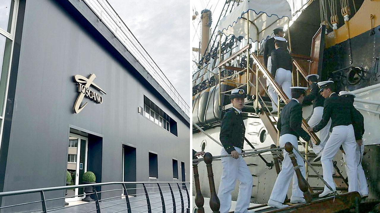 A sinistra lo stabilimento Toscano in via Genova. A destra giovani marinai si imbarcano su Nave Vespucci