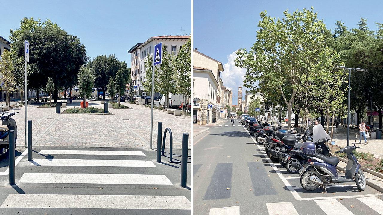 Qui sopra piazza Gramsci con la nuova distribuzione degli spazi di sosta (Foto di Michele Falorni/Silvi)