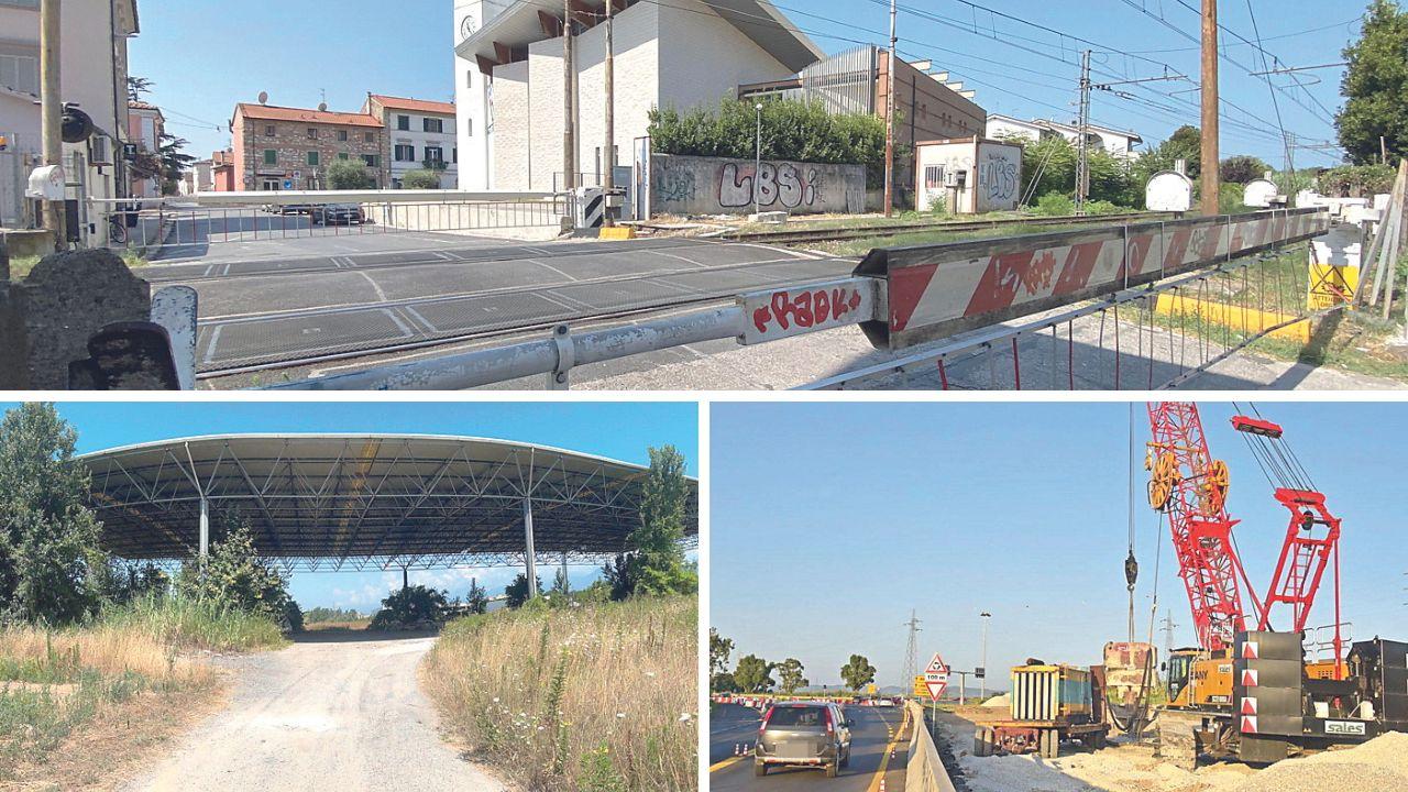 Nella foto in alto (di Muzzi) il passaggio a livello di Putignano (Pisa). Sotto a destra il cantiere sulla 398 a Piombino (Barlettani); a sinistra il mercato dei fiori a Viareggio (Paglianti)