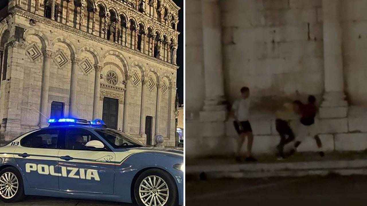 Una volante della polizia in piazza San Michele e di fianco un’immagine della rissa che ha coinvolto tre persone