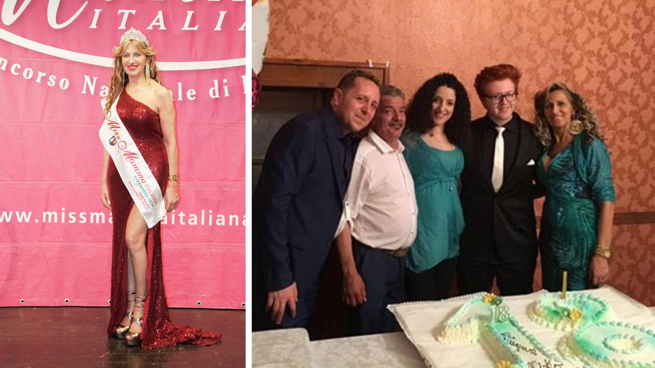 A sinistra Lorella Barbuti con la fascia di Miss Mamma Italiana Evergreen 2024; a destra con la sua famiglia