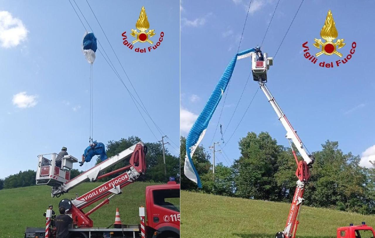 Con il parapendio si impiglia nei cavi elettrici a 4 metri di altezza