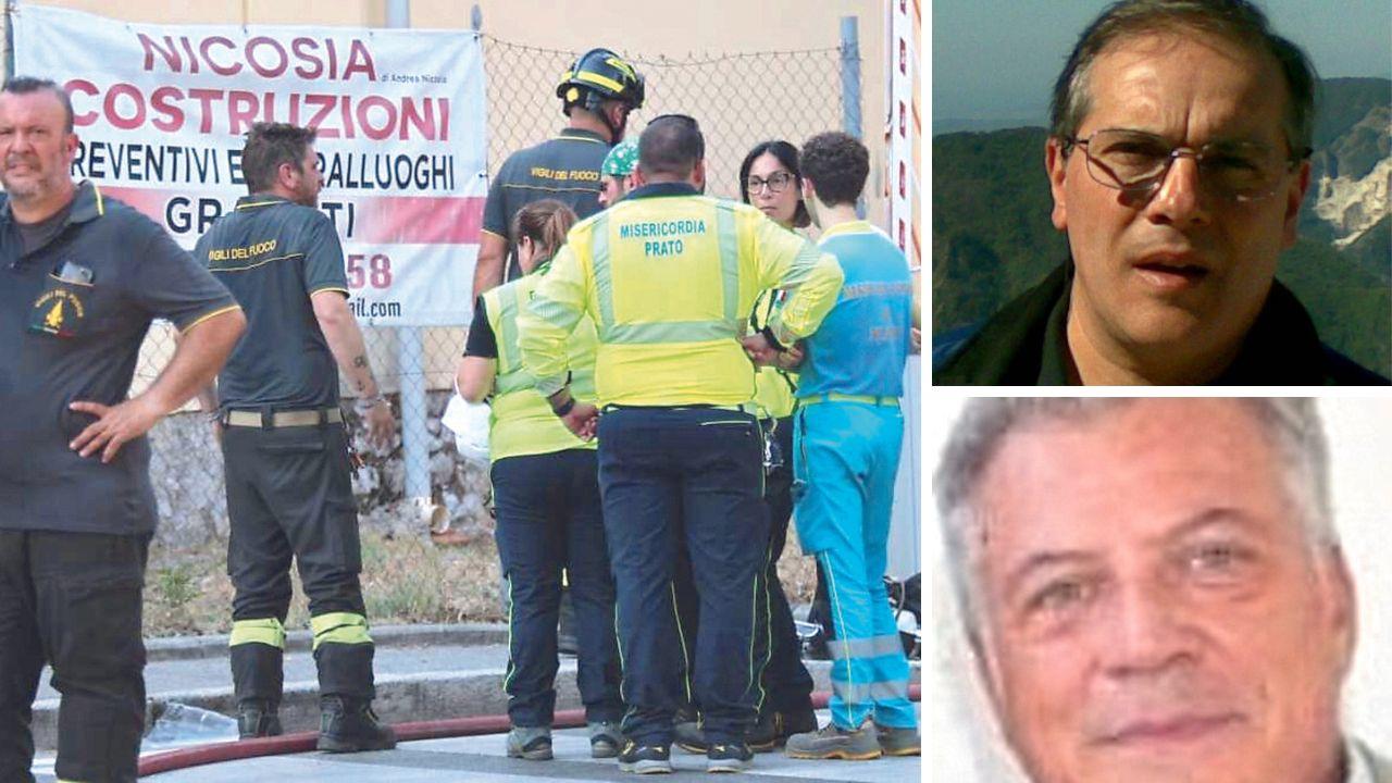 Le due vittime dell’incendio: Gabriele Paoli, in alto, e Alessio Lascialfari; a lato i soccorsi e i vigili del fuoco