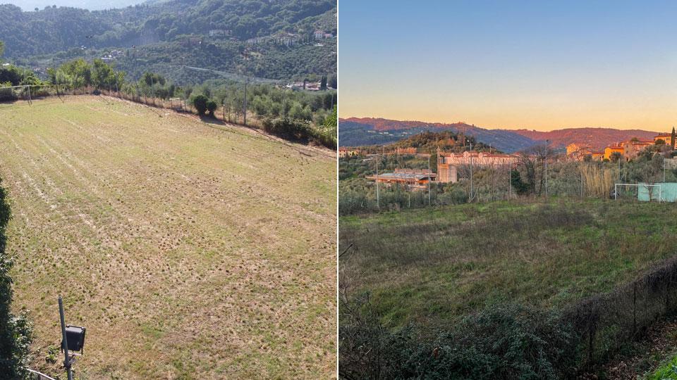 campo visto dal drone dopo l’opera di ripulitura del campo Mencarelli e immagini dell’ingresso e degli spogliatoi (foto Nucci/ Innocenti)