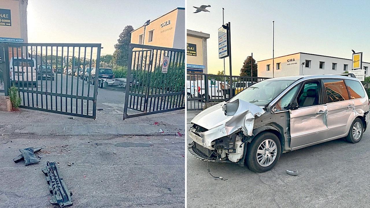 Qui sopra a sinistra il cancello dell’officina e a destra l’auto usata come ariete