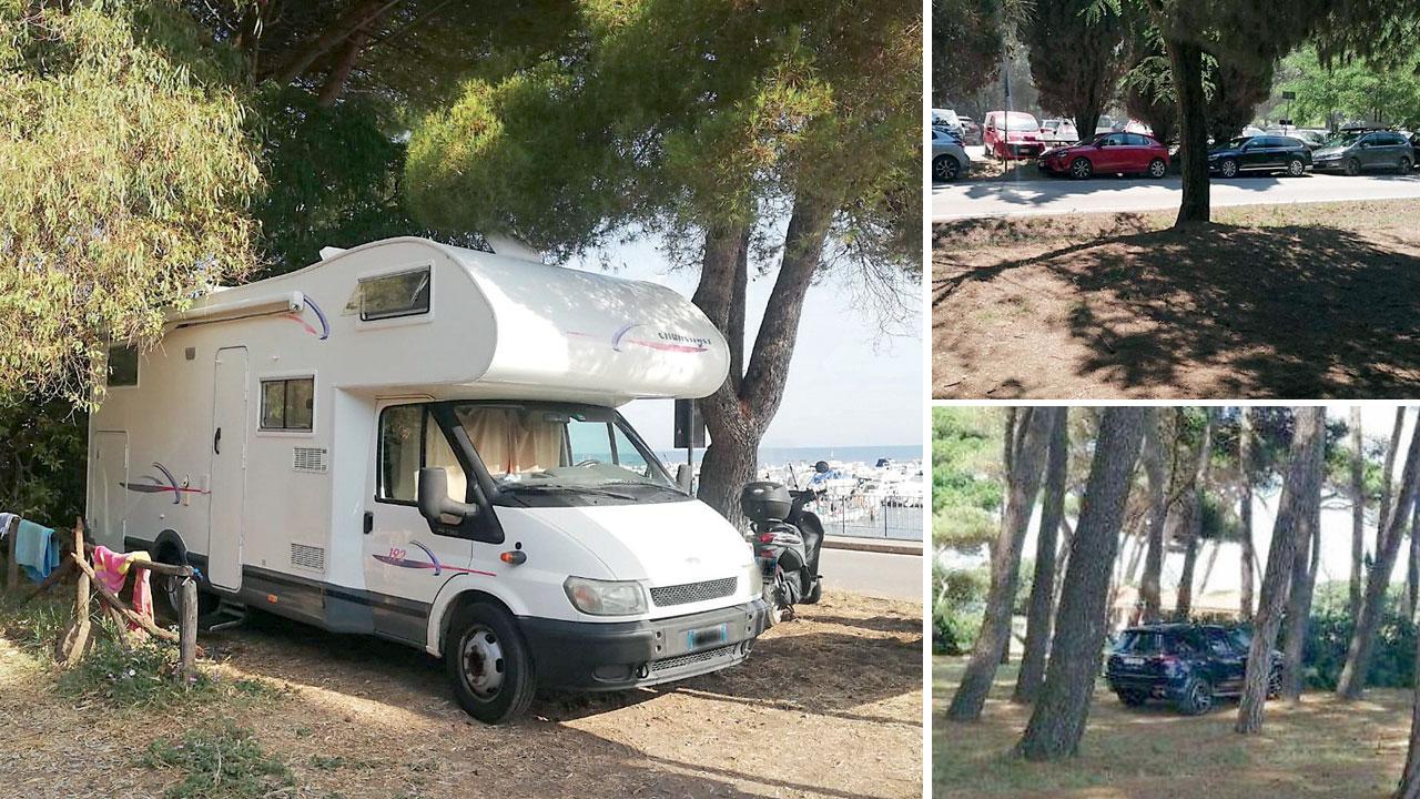Nella foto a sinistra il camper con tutta l’attrezzatura posizionata fuori che è rimasto sulla piazzola vista mare per l’intero fine settimana. A destra in alto le auto in strada sulla fossa ormai tombata davanti al secondo parcheggio a pagamento e sotto un suv che ha percorso tutta la pineta dalla sbarra del Sun beach .