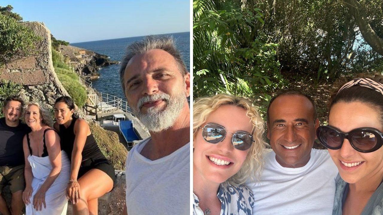 Antonella Clerici, a sinistra, con il suo staff a Castiglioncello, a destra con Carlo Conti