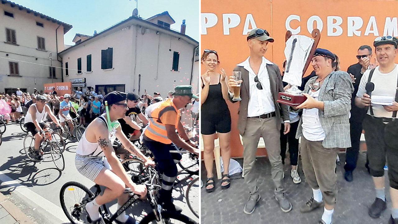 Nella foto a sinistra i tanti partecipanti all’iniziativa e la “Nuvola di Fantozzi” creata per far piovere al momento del passaggio dei ciclisti.  A destra il vincitore assoluto della prima edizione Simone Guerrini