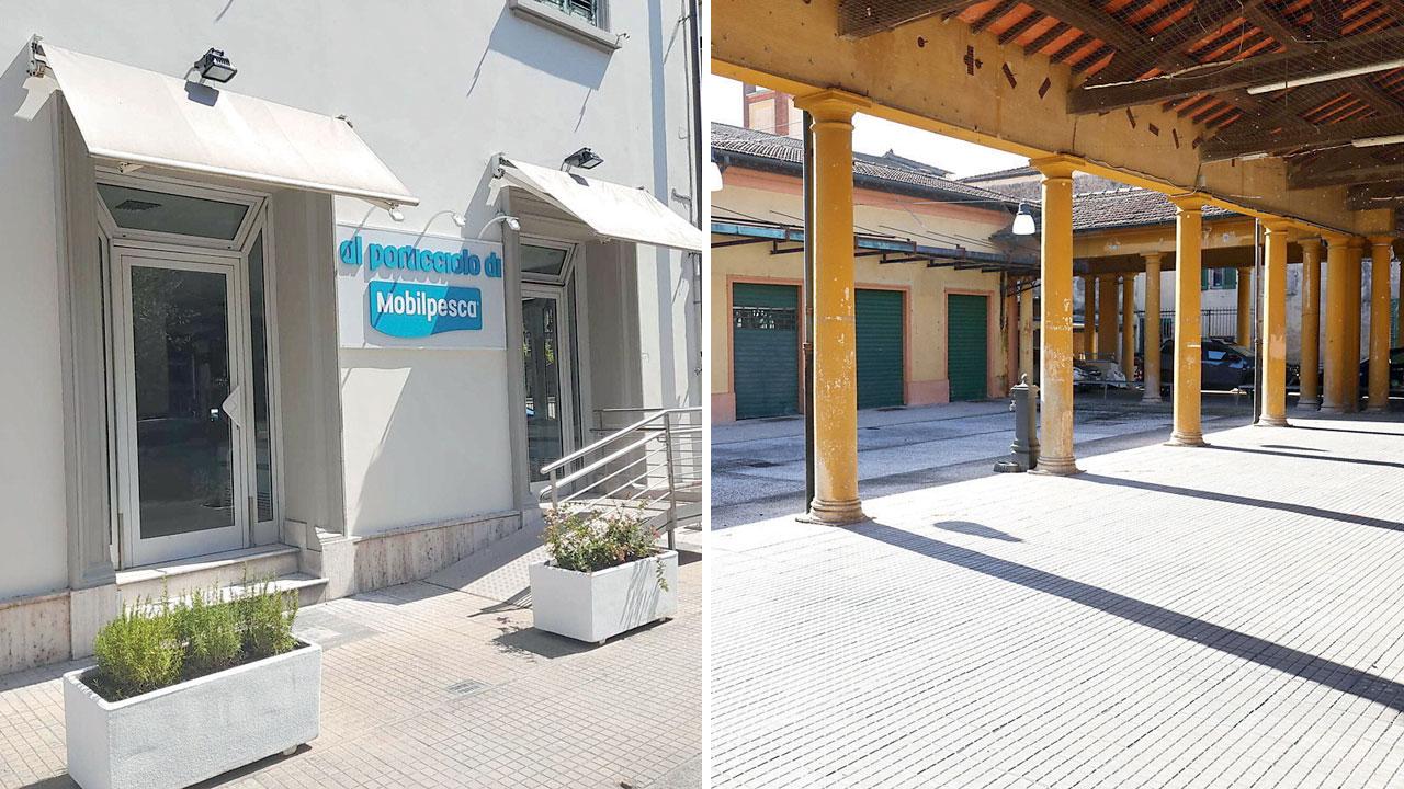 Nelle foto l’insegna della Mobilpesca all’esterno del punto vendita di via Martini; a destra un’immagine del mercato coperto