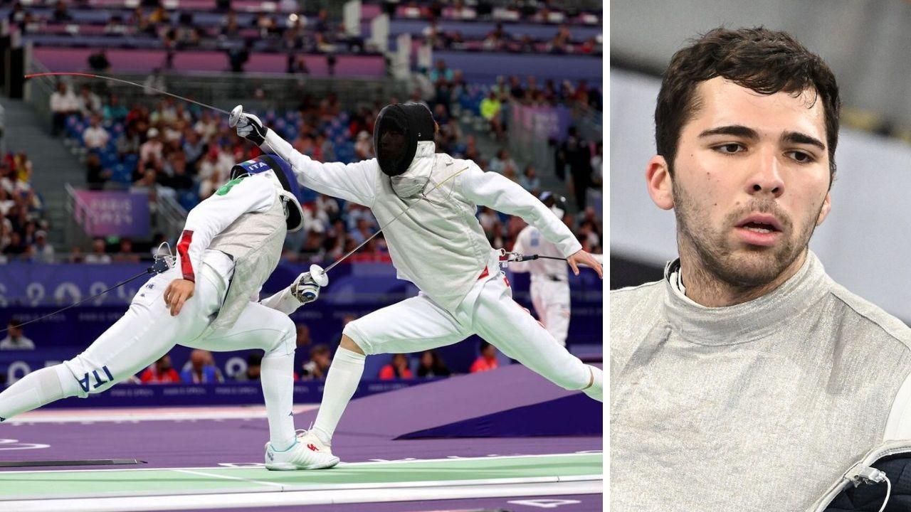 Una stoccata vincente d Filippo Macchi in semifinale, a destra l'atleta senza maschera