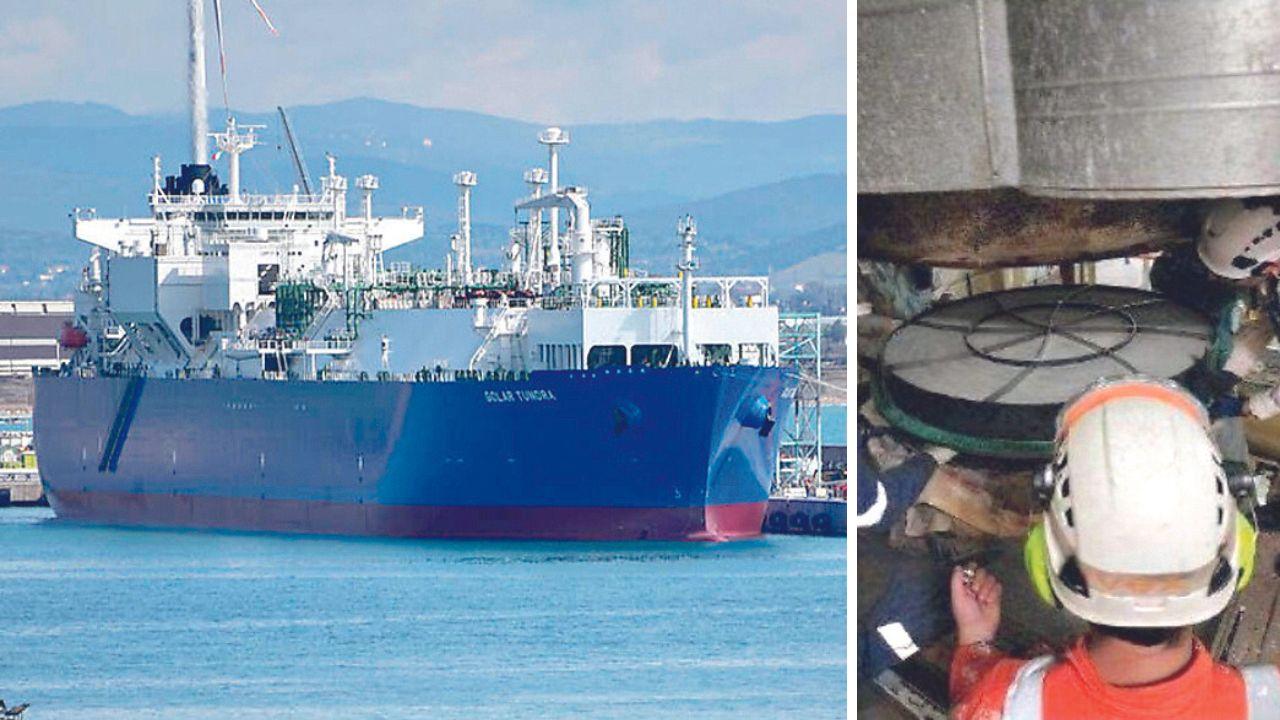 L’installazione del nuovo catalizzatore sperimentale nel camino E4 del rigassificatore di Piombino e la nave rigassificatrice alla banchina est della darsena nord del porto (foto Paolo Barlettani)