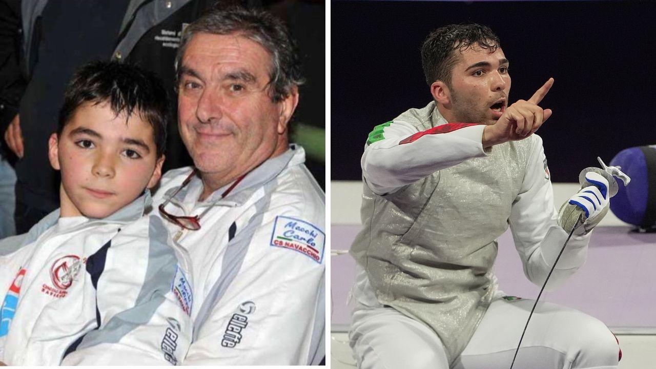 Filippo Macchi agli esordi, insieme al nonno Carlo e il campione di fioretto mentre protesta per la decisione dell’arbitro sull’ultima stoccata della finale