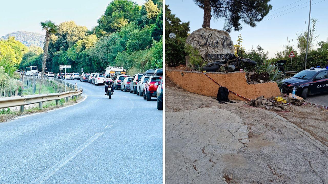 A destra il luogo dell'incidente, la moto è finita sull'insegna; a sinistra il traffico (foto Di Stefano)