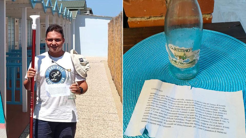 Lo studente Francesco Garzella; e la bottiglia che conteneva il messaggio e, sotto, il testo del biglietto
