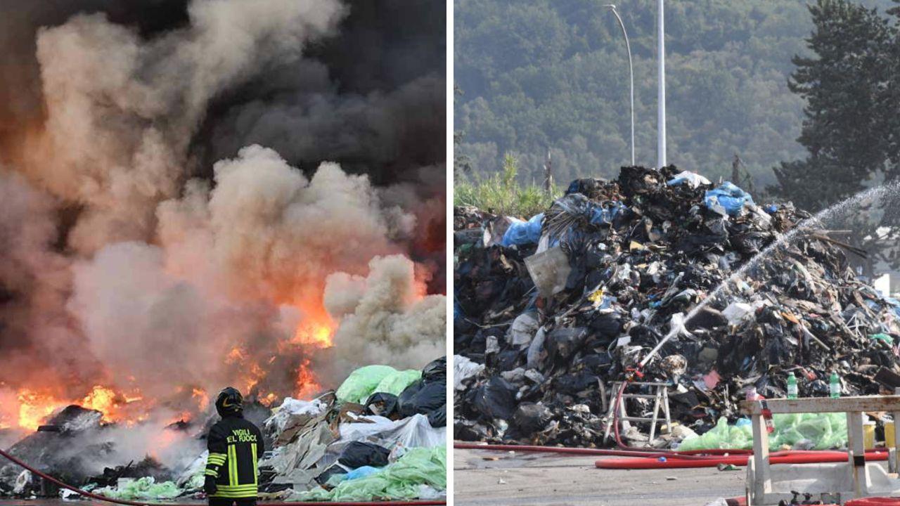 
	Le fiamme durante il rogo e la montagna di rifiuti spenta il giorno dopo

