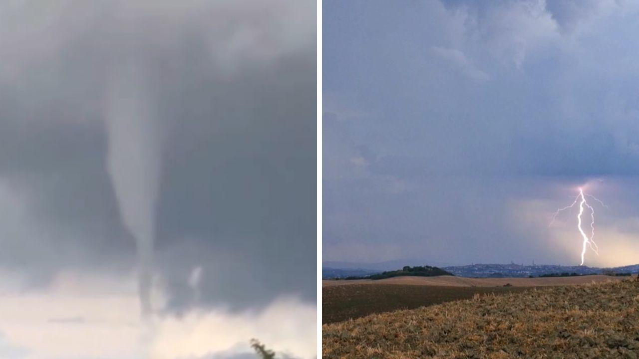 
	Il maltempo in Toscana: a sinistra il funnel a Siena (Foto Gabriele Ruffoli)

