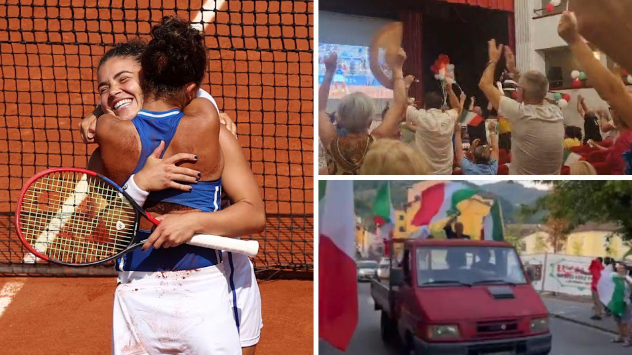 
	Jasmine Paolini abbraccia Sara Errani; a destra la festa a Bagni di Lucca

