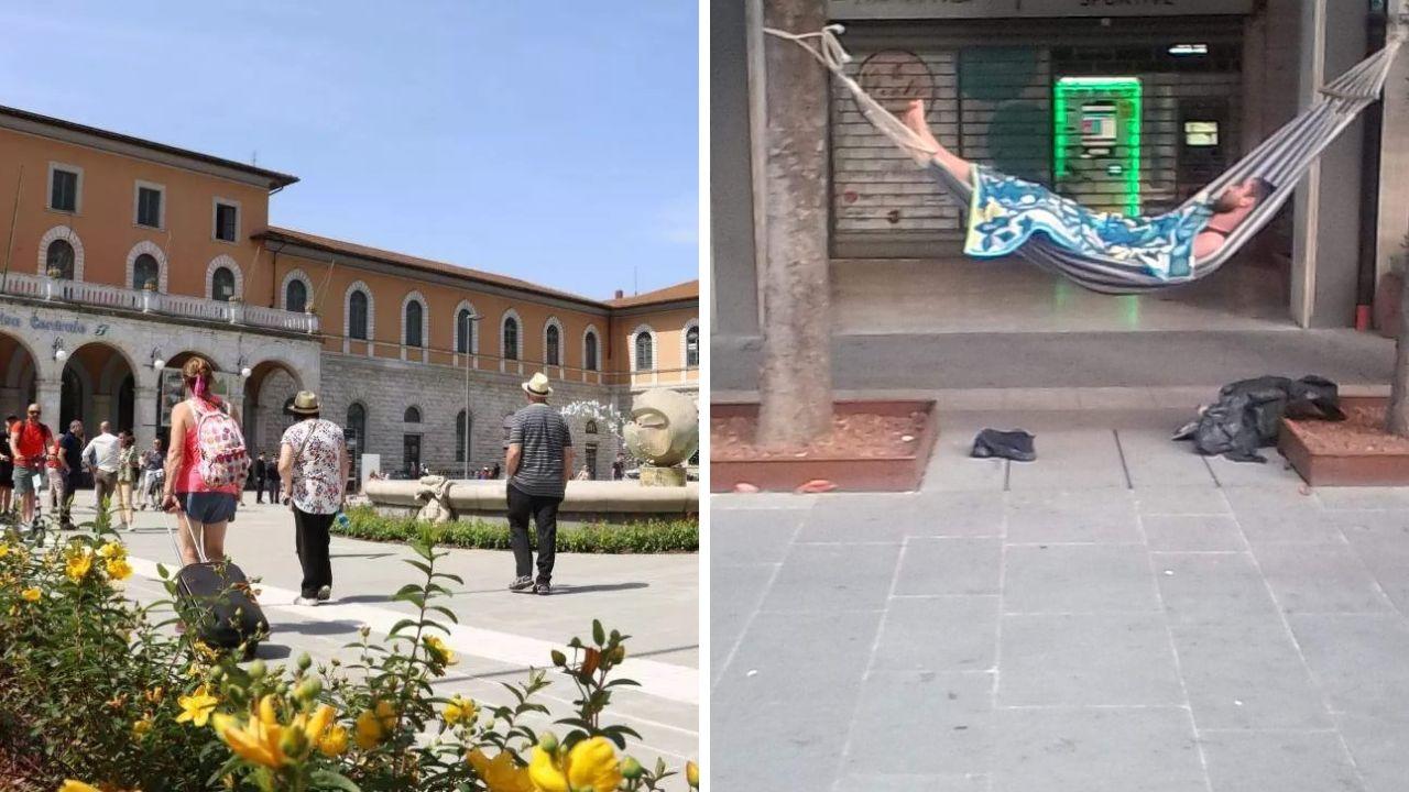 Pisa, appende l’amaca fra due alberi e fa un riposino alla stazione