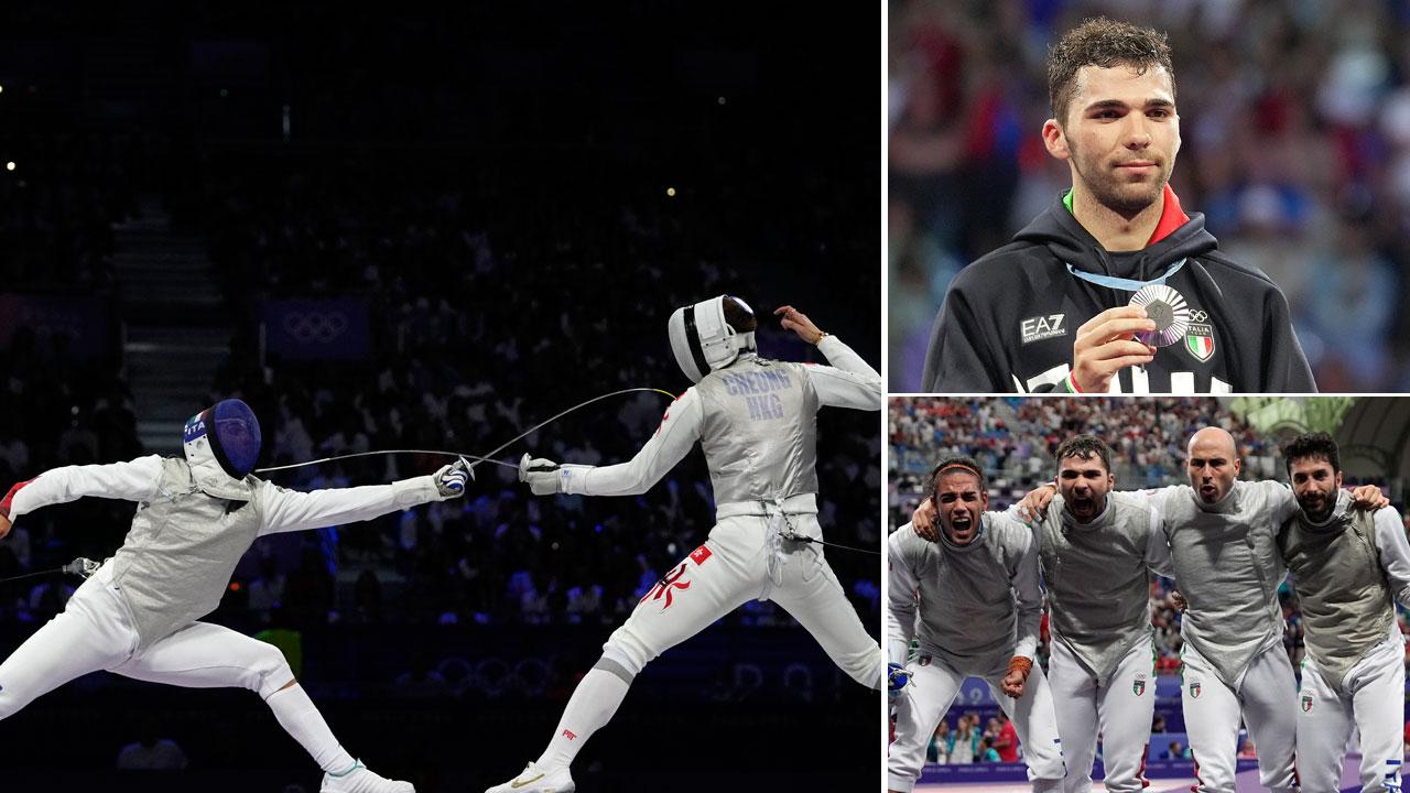 
	A sinistra Filippo Macchi contro Cheung nella finale di fioretto individuale. A destra Macchi mostra l&rsquo;argento e sotto&nbsp;la squadra azzurra festeggia&nbsp;

