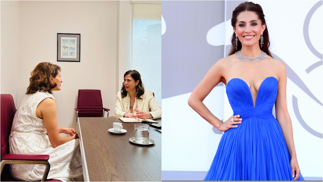 Caterina Murino a destra e durante l'incontro con Alessandra Todde
