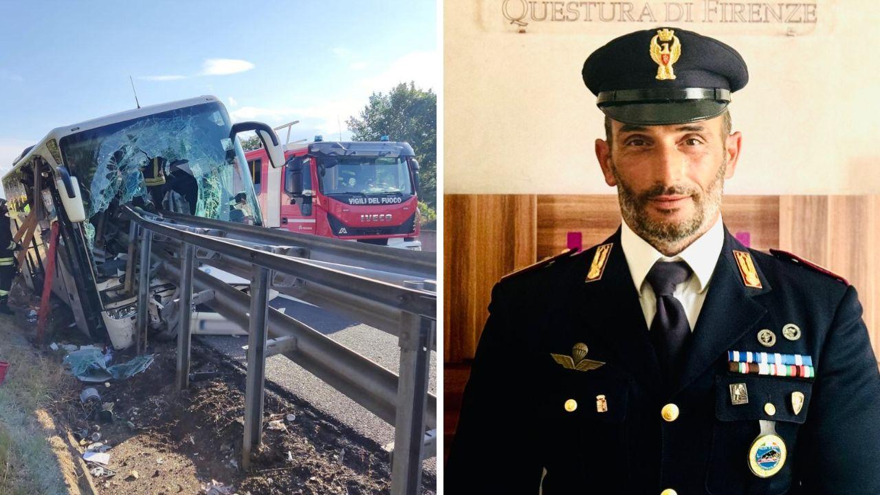 
	Il bus incastrato nel guardrail e il poliziotto Giuseppe intervenuto per prestare soccorso pur essendo fuori servizio

