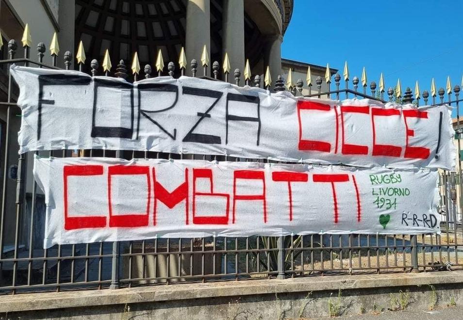 
	Lo striscione appeso alla recinzione dell&rsquo;ospedale in viale Vittorio Alfieri

