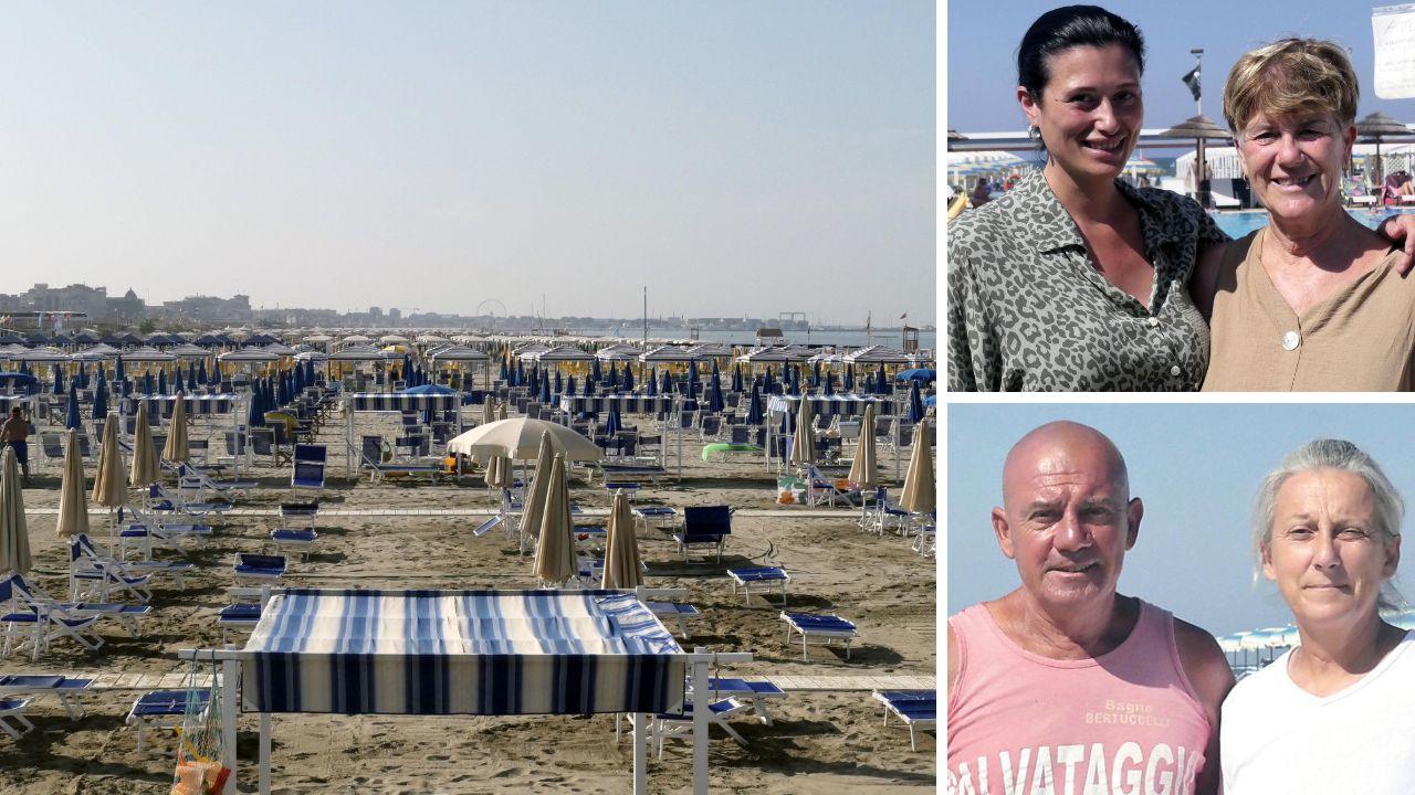 La spiaggia da Lido di Camaiore verso Viareggio. In alto da destra Simona Venturini e Martina Niccolai (Bagno Roma). Sotto Giacomo e Gaia Gemignani (Bagno Bertuccelli) - Foto Paglianti