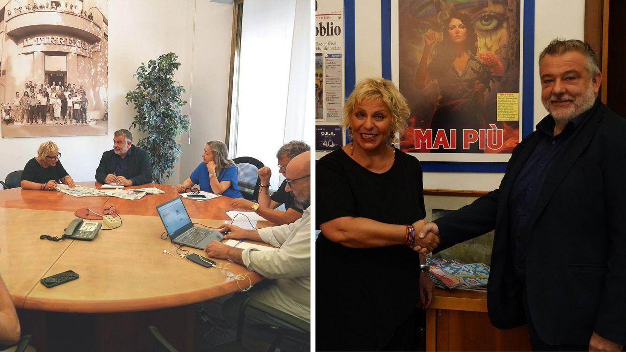 Daniela Morozzi alla riunione dell’ufficio centrale al Tirreno e insieme al direttore Cristiano Marcacci (foto Silvi)