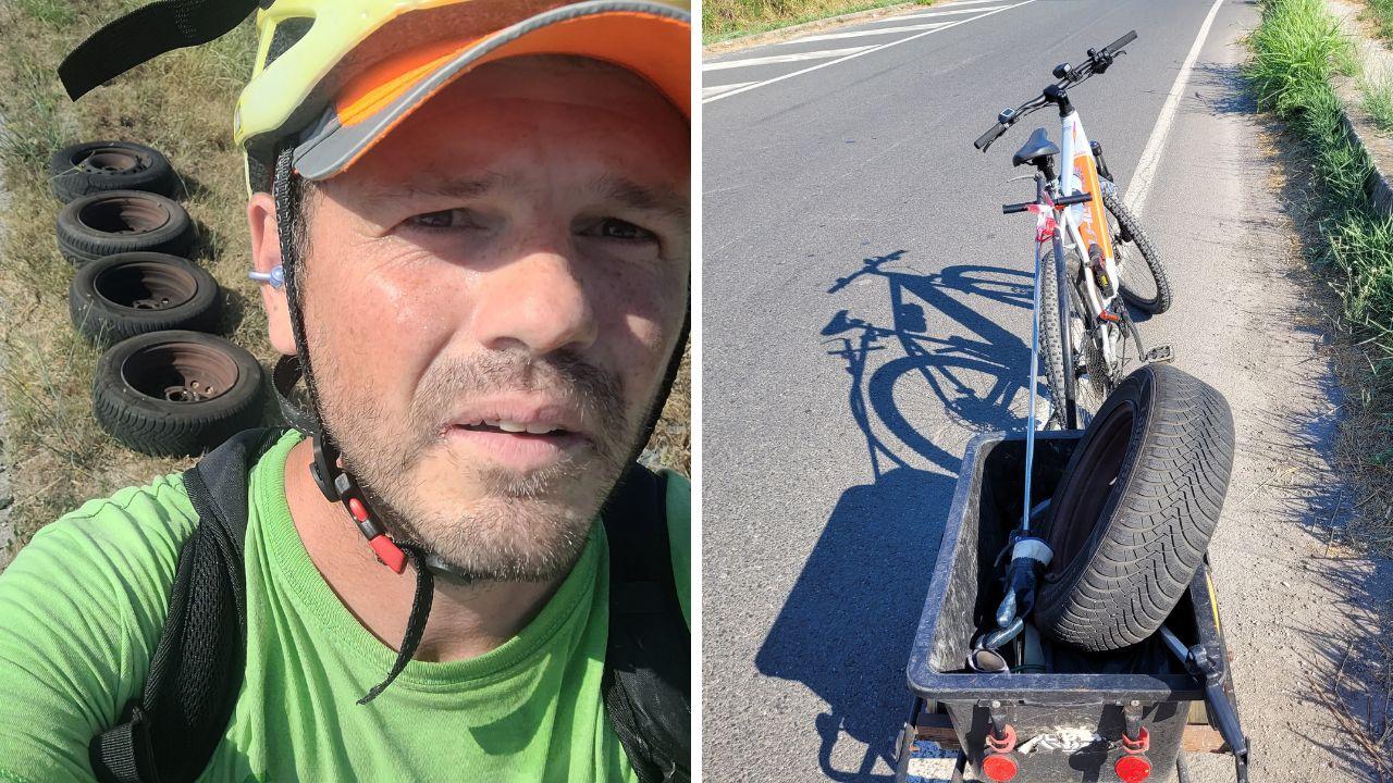 Livorno, pneumatici nel fosso e Mr Green sulla bici porta tutto all’isola ecologica
