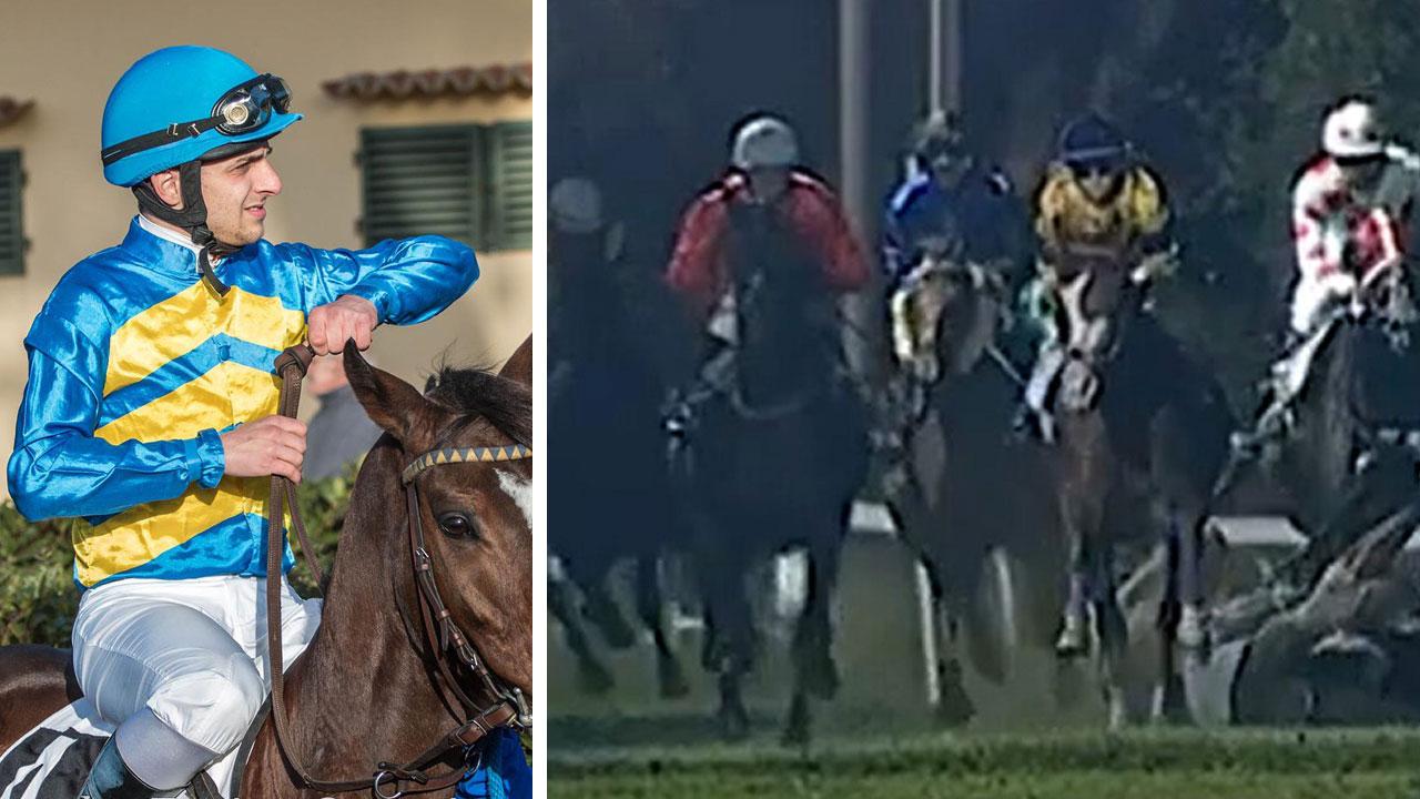 Alessio Lenzi. Nella fotoa destra (Mipaaf/Snai) il momento della caduta del 7 luglio scorso all’ippodromo Caprilli
