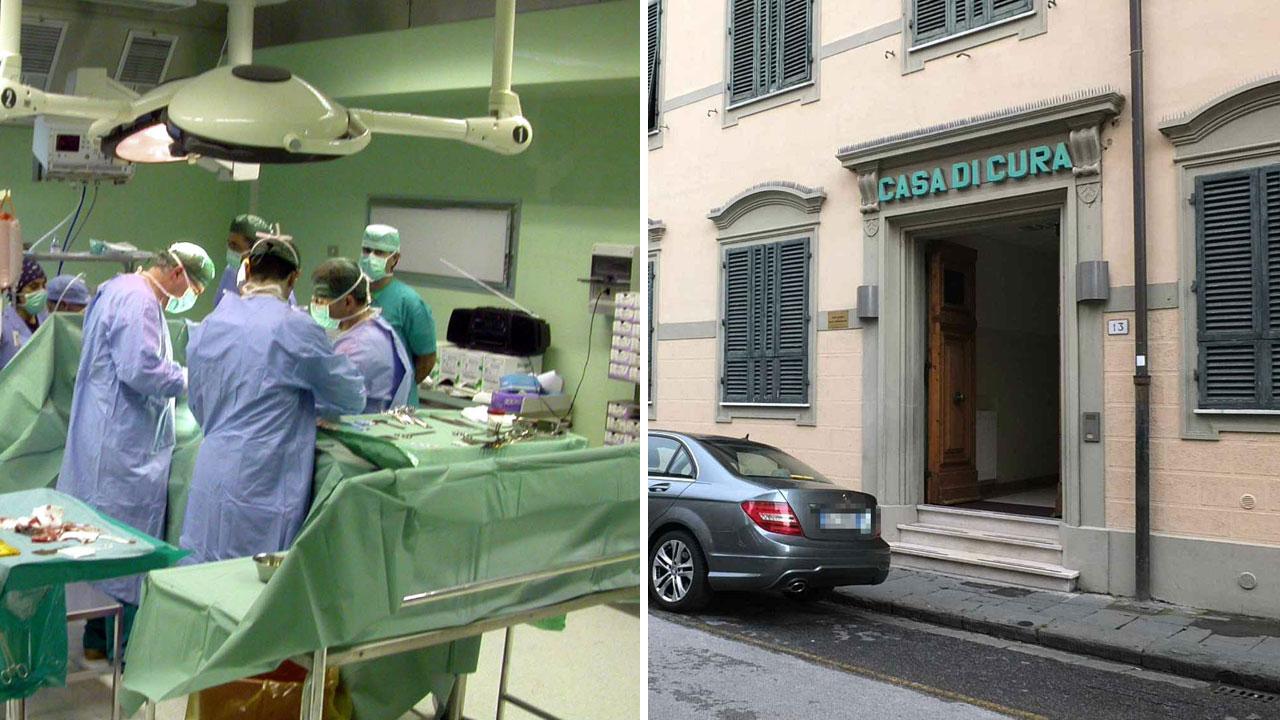 Una sala operatoria di Cisanello e l’ingresso della Casa di cura dell’Addolorata