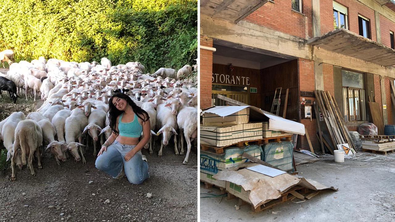 La giovane Alice Lai in mezzo alle pecore dell’azienda di famiglia e a fianco l'esterno del locale che stanno ristrutturando a Gerafalco