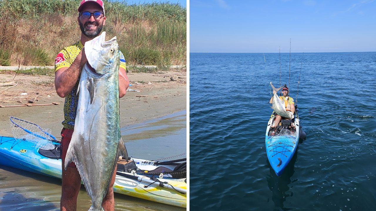 Tra Livorno e Pisa l’incredibile pesca in kayak di Valerio Russo: una Leccia di 20 chili
