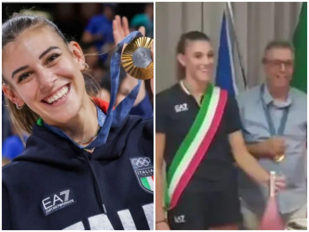 
	Alessia Orro a Parigi mostra la medaglia olimpica e, accanto, in fascia tricolore a Narbolia col&nbsp;sindaco Giangiuseppe Vargiu

