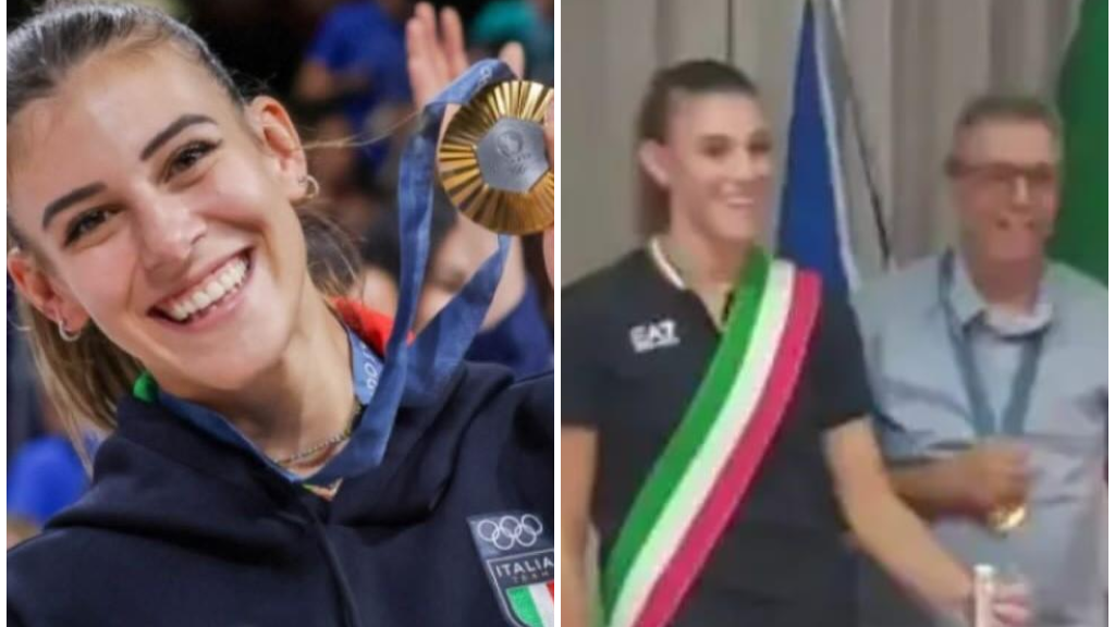 Alessia Orro a Parigi mostra la medaglia olimpica e, accanto, in fascia tricolore a Narbolia col sindaco Giangiuseppe Vargiu