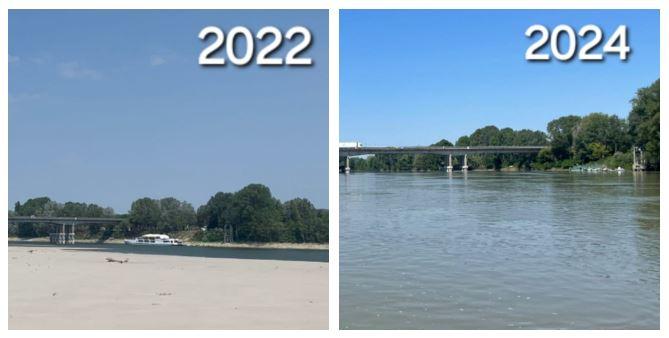 Il fiume Po nelle foto a confronto: vuoto nel 2022, pieno nel 2024