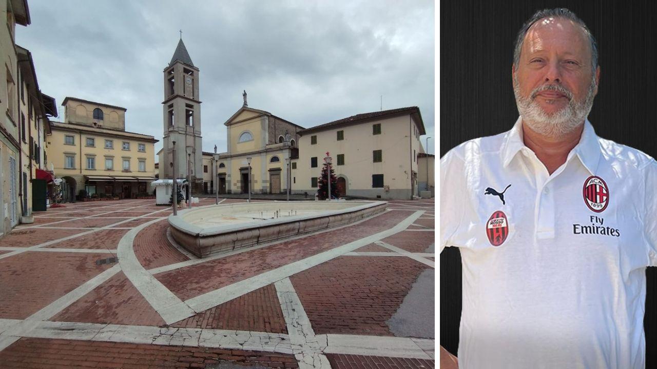 
	La chiesa di San Piero dove si svolger&agrave; il funerale, a destra Breschi con la divisa dei Giovani rossoneri. Da gennaio faceva parte dell&rsquo;Olimpia Pistoia

